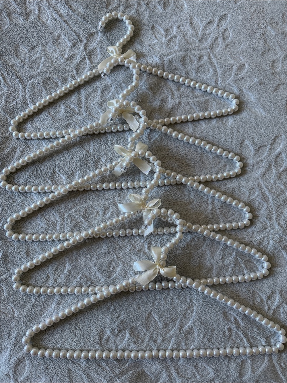 5 Faux Pearl Beaded Satin Bow Hangers - White